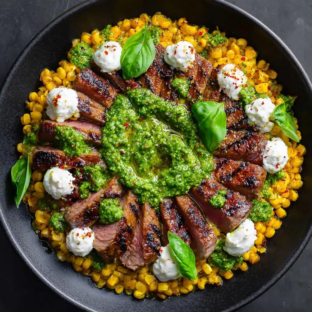 Grilled Flank Steak with Burrata & Pesto Recipe - Recipe Image