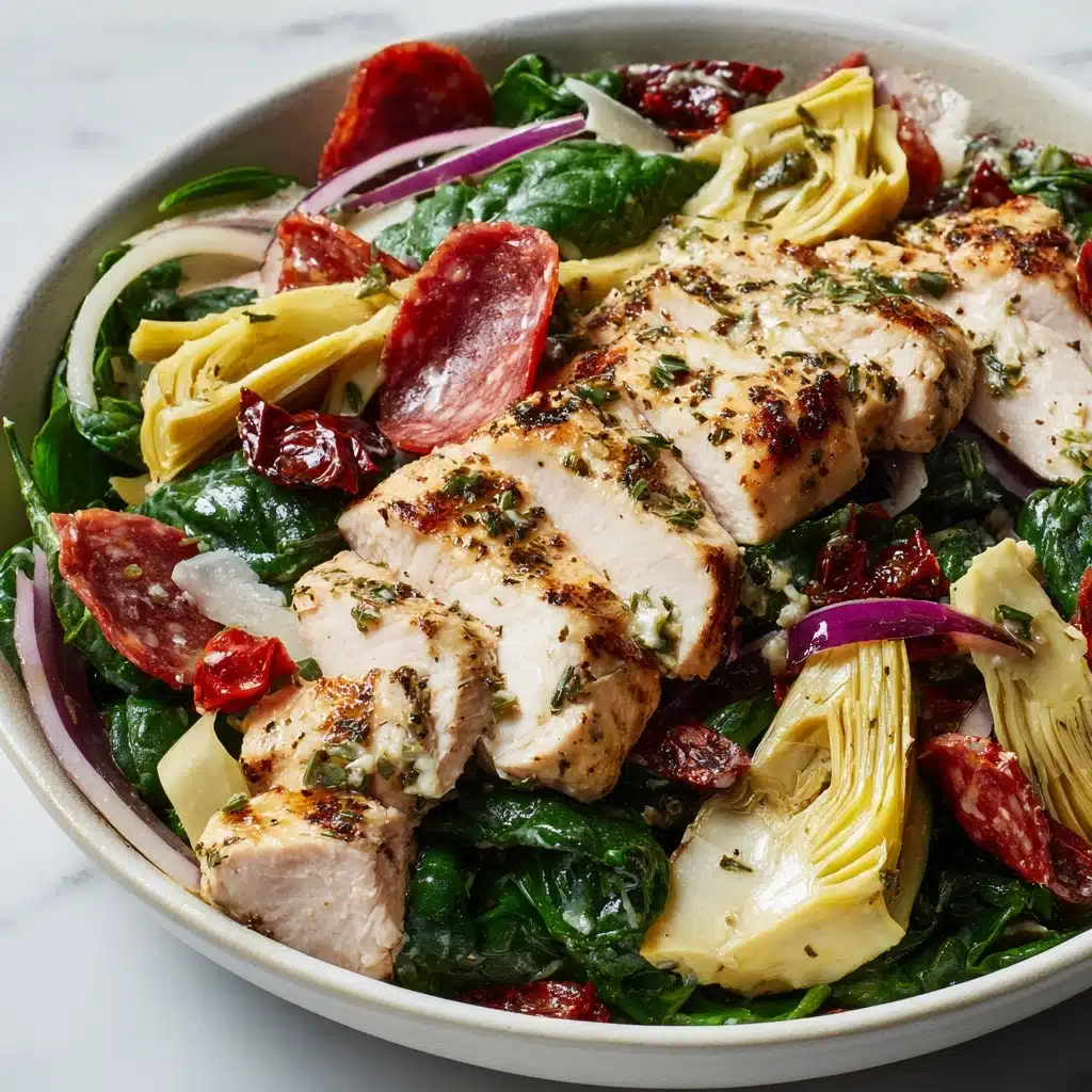 Italian Salad with Chicken, Spinach, Artichokes, Salami, Sun-Dried Tomatoes, and Red Onions Recipe