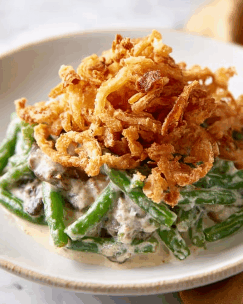 Green Bean Casserole with Homemade Cream of Mushroom Soup and Crispy Fried Onions Recipe