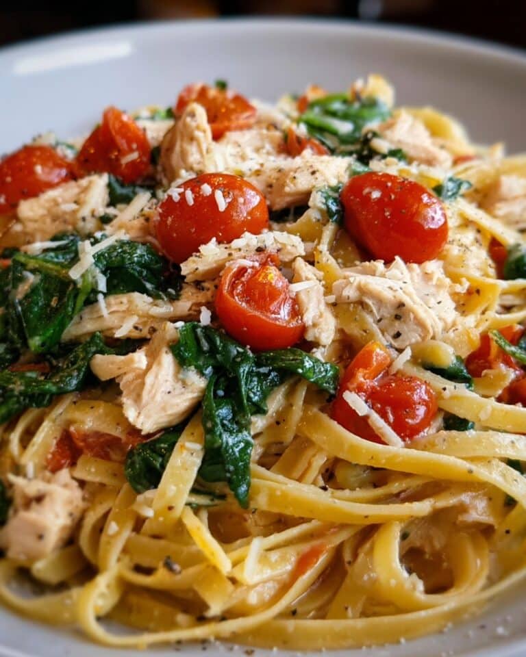 Creamy Garlic Tomato Chicken and Spinach Fettuccine Recipe