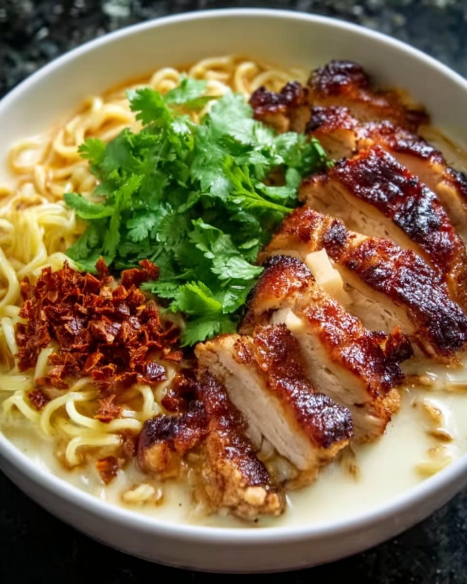 Fiery Chicken Ramen with Creamy Garlic Sauce Recipe - Recipe Image