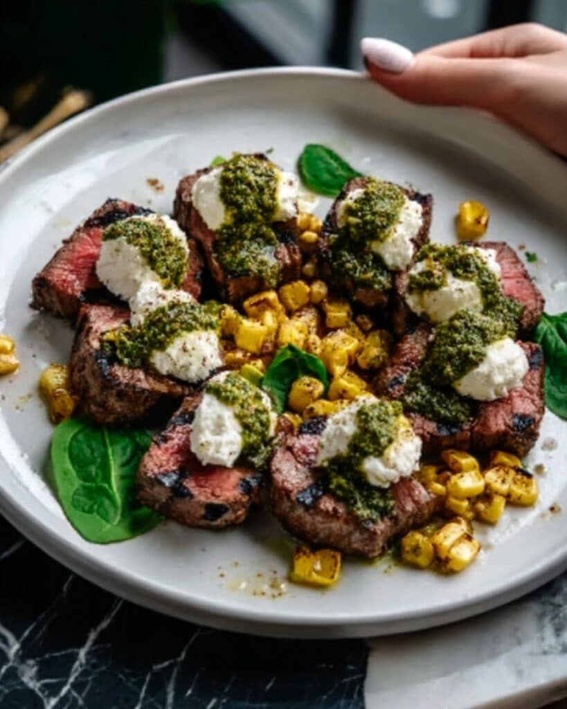 Grilled Flank Steak with Burrata and Arugula Pesto Recipe