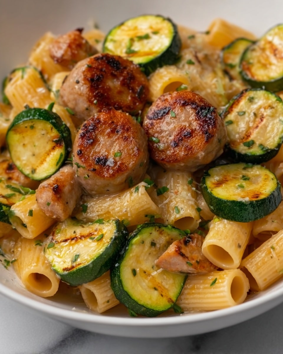 Chicken Sausages with Zucchini, Tomatoes, and Pasta Recipe - Recipe Image