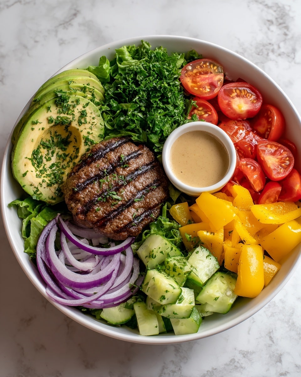 Juicy Grilled Burger Bowls with Fresh Vegetables Recipe - Recipe Image