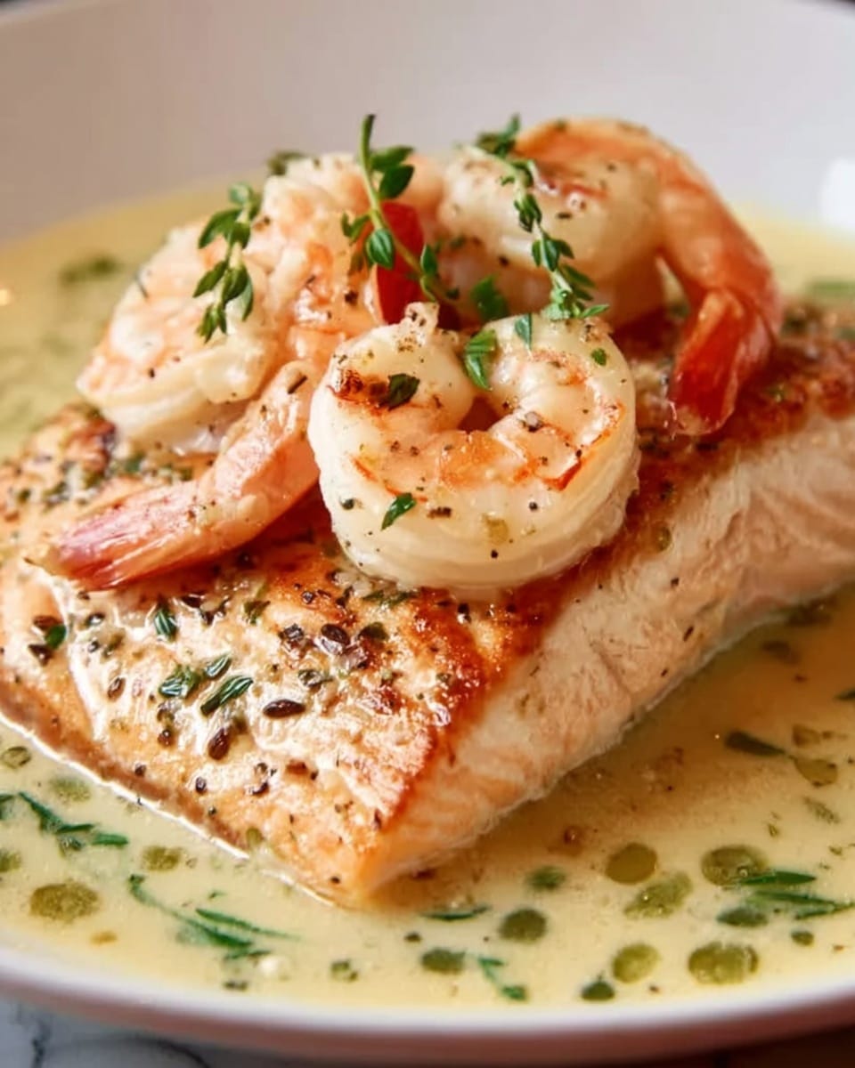 Salmon and Shrimp with Creamy Garlic Sauce Recipe - Recipe Image