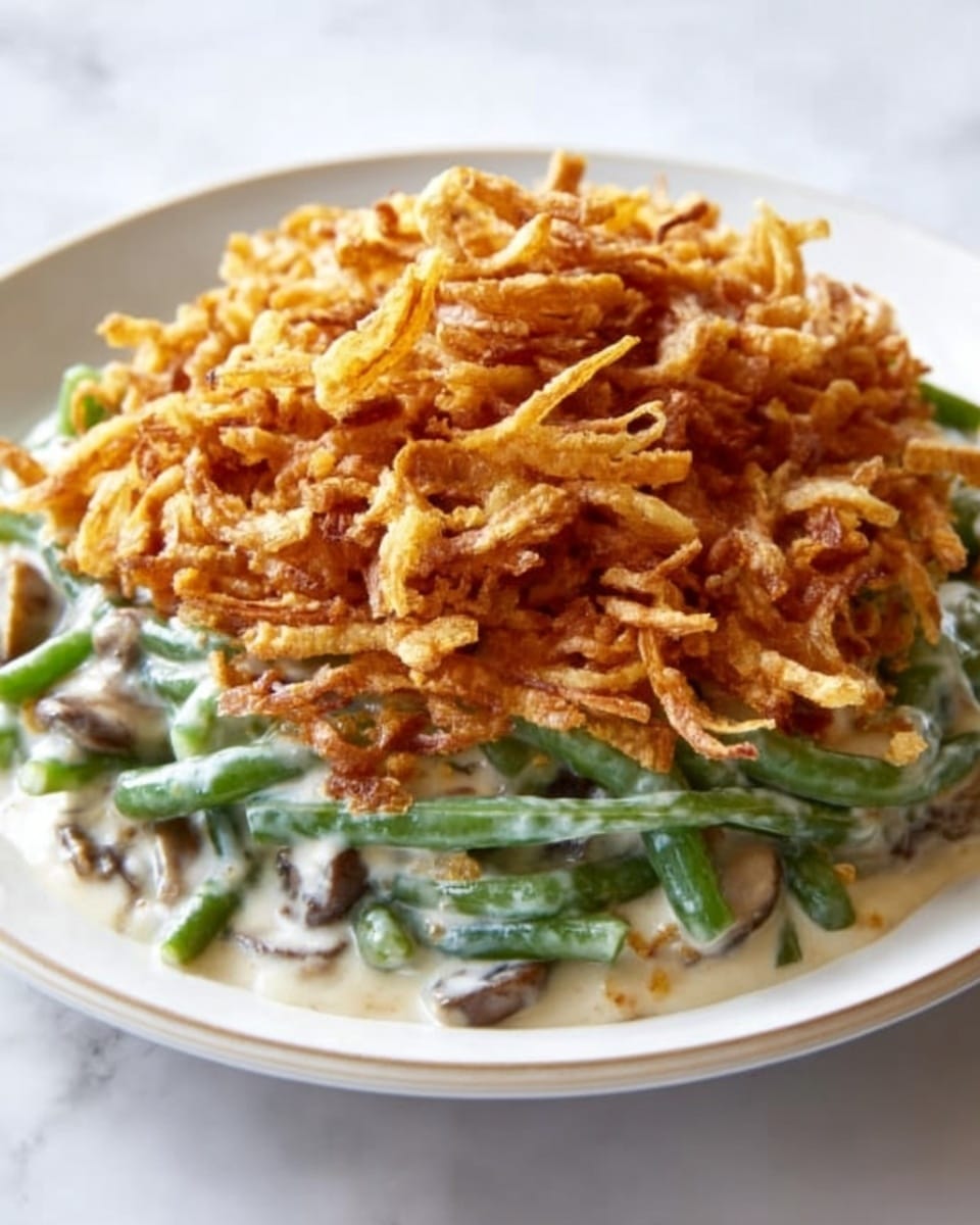 Green Bean Casserole with Homemade Cream of Mushroom Soup and Crispy Fried Onions Recipe - Recipe Image