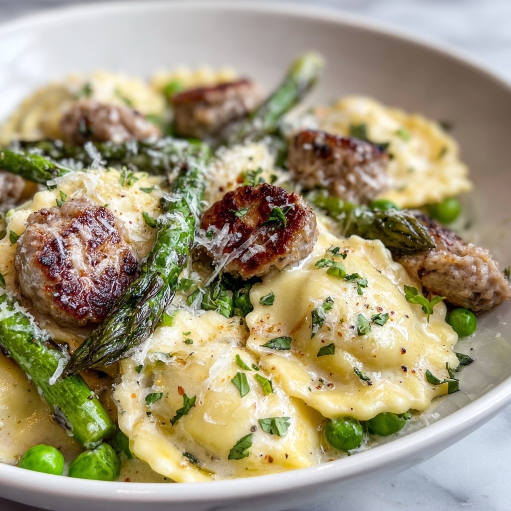 Asparagus Ravioli with Sausage and Peas Recipe - Recipe Image
