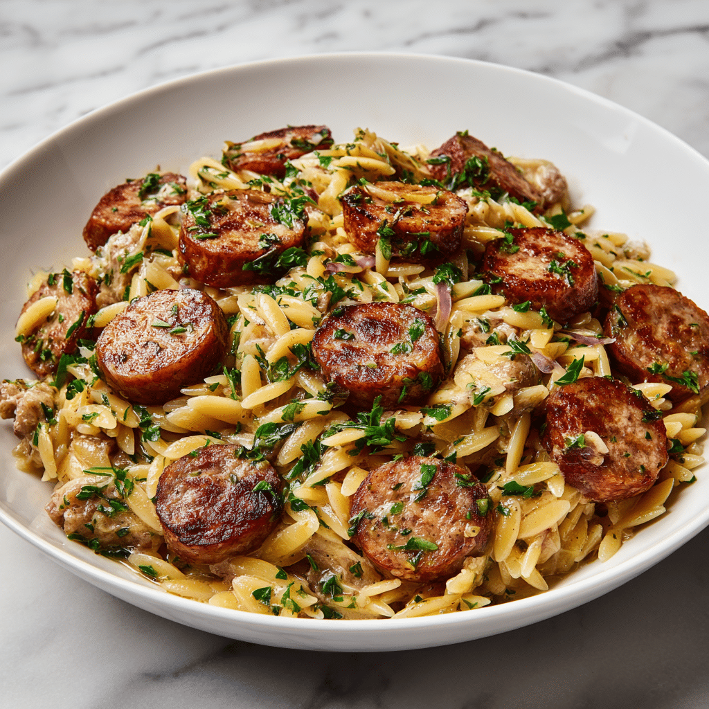 Creamy Chicken Sausage Orzo Recipe - Recipe Image
