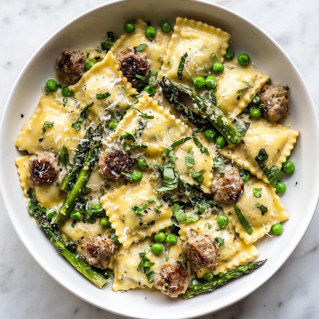 Asparagus Ravioli with Sausage and Peas Recipe - Recipe Image