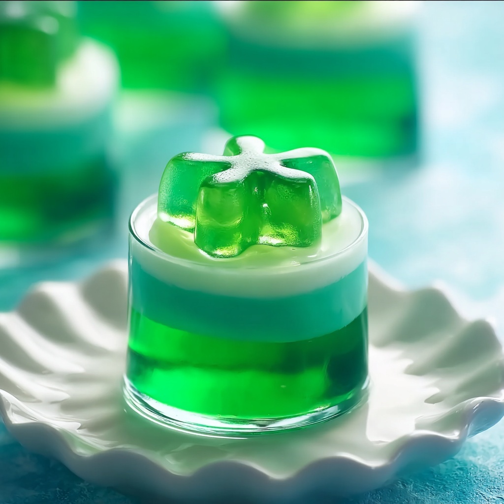Green Jello Shots with Whipped Cream and Shamrock Candies Recipe - Recipe Image
