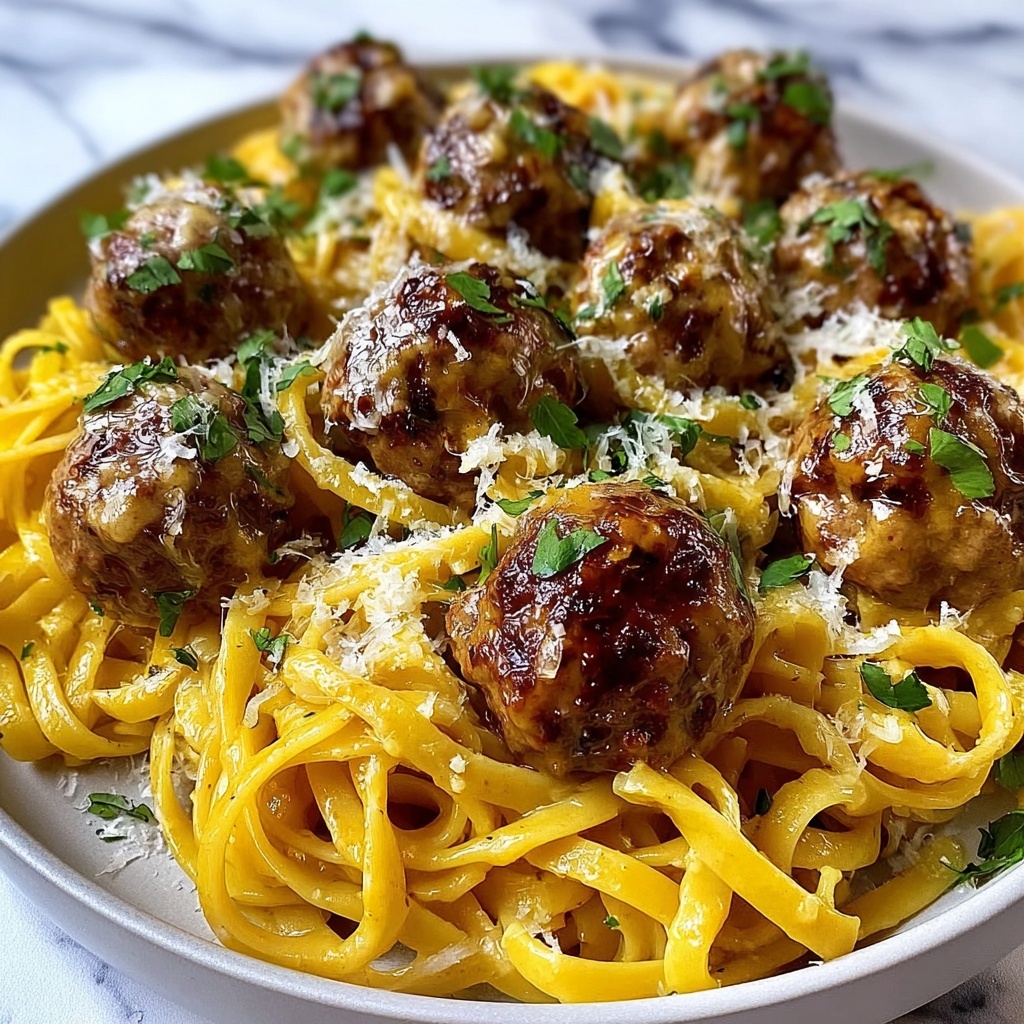 Easy Garlic Butter Meatballs Served Over Creamy Parmesan Linguine Recipe - Recipe Image
