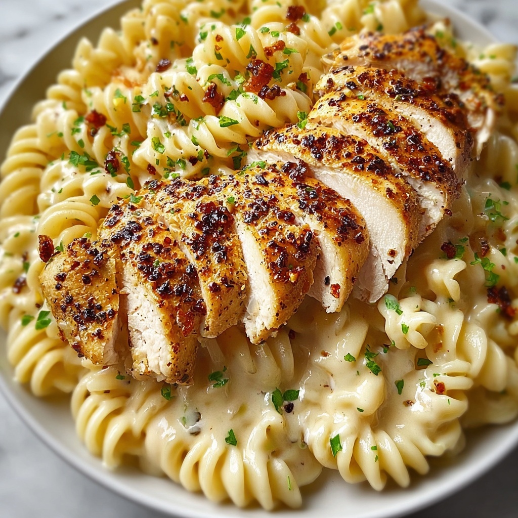 Creamy Garlic Parmesan Chicken with Cheesy Twisted Pasta Recipe - Recipe Image
