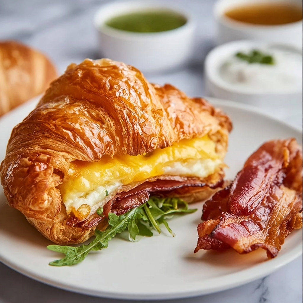 Croissant Breakfast Sandwiches with Ham, Bacon, and Cheesy Scrambled Eggs Recipe - Recipe Image