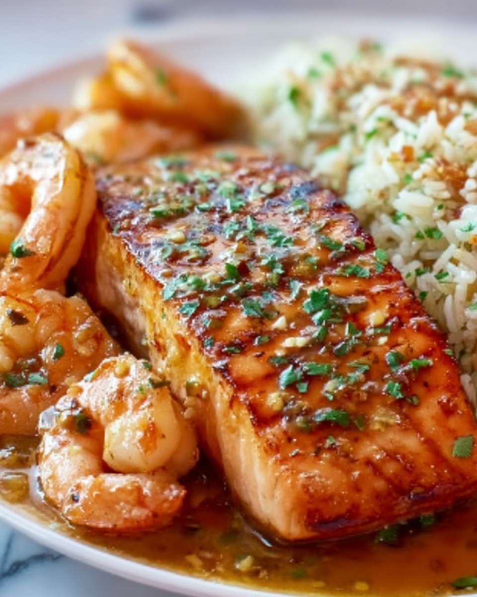 Honey Garlic Salmon & Shrimp over Garlic Butter Rice Recipe - Recipe Image