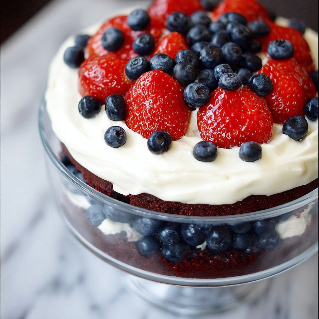 Red Velvet Trifle with Blueberries and Strawberries Recipe - Recipe Image