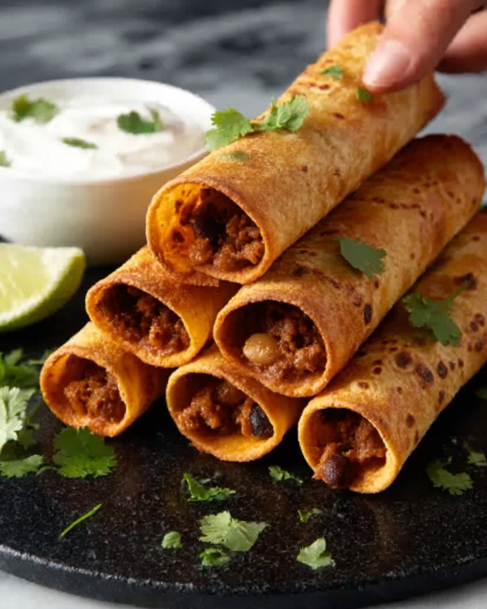 Bean & Cheese Taquitos with Green Chile Sour Cream Sauce Recipe - Recipe Image