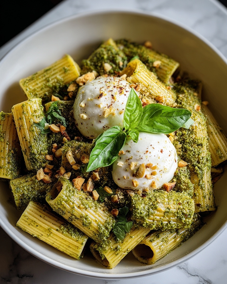 Creamy One Pot Rigatoni with Basil-Pistachio Pesto & Burrata Recipe - Recipe Image
