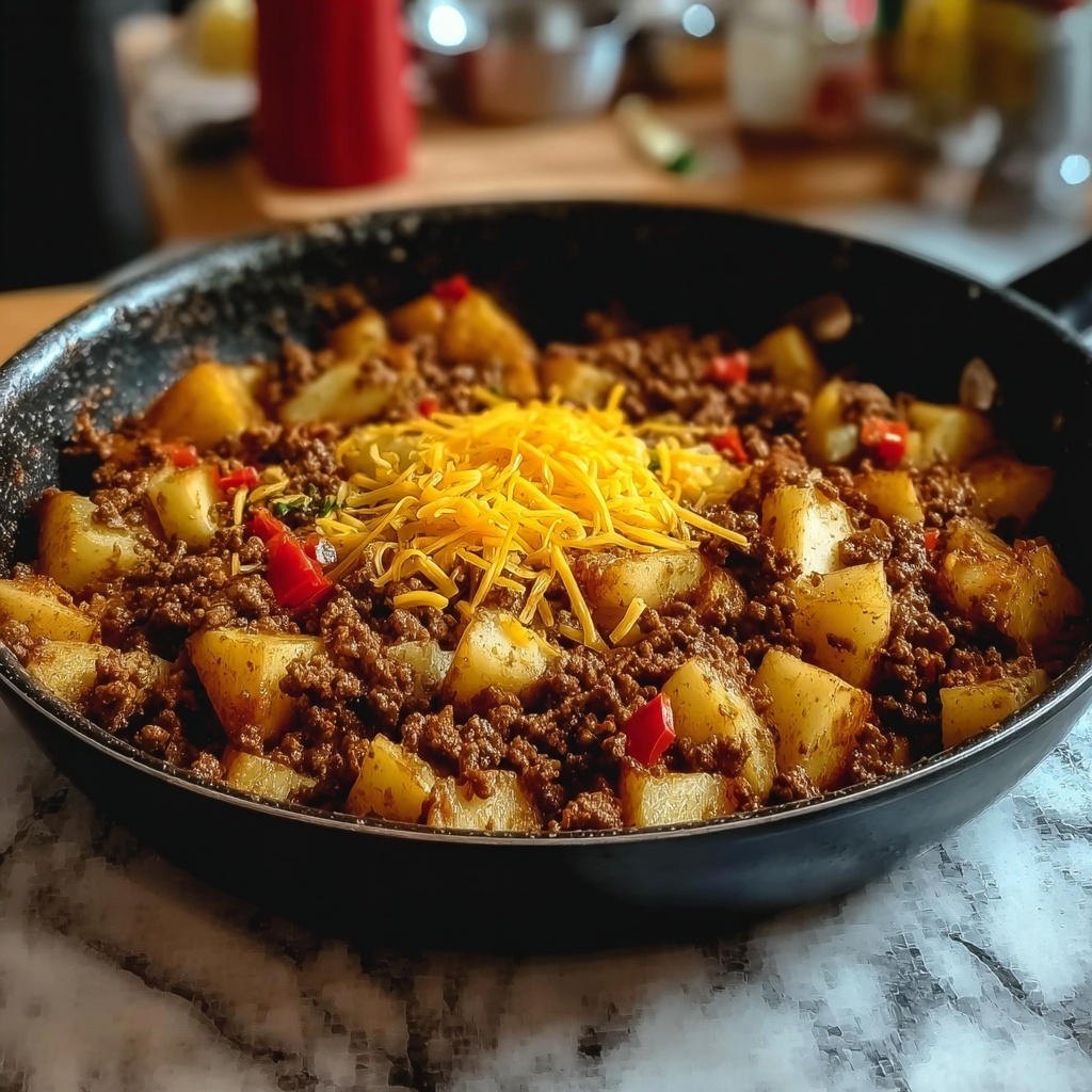 Cheesy One Pan Meat Potatoes Recipe - Recipe Image