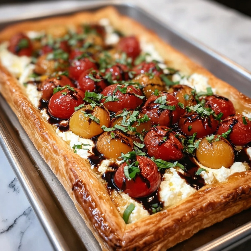 Puff Pastry Pizza with Cherry Tomatoes, Basil, and Balsamic Glaze Recipe - Recipe Image