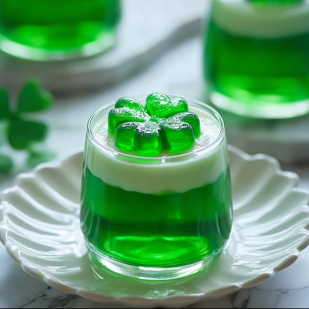 Green Jello Shots with Whipped Cream and Shamrock Candies Recipe - Recipe Image