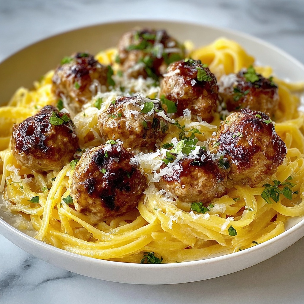 Easy Garlic Butter Meatballs Served Over Creamy Parmesan Linguine Recipe - Recipe Image