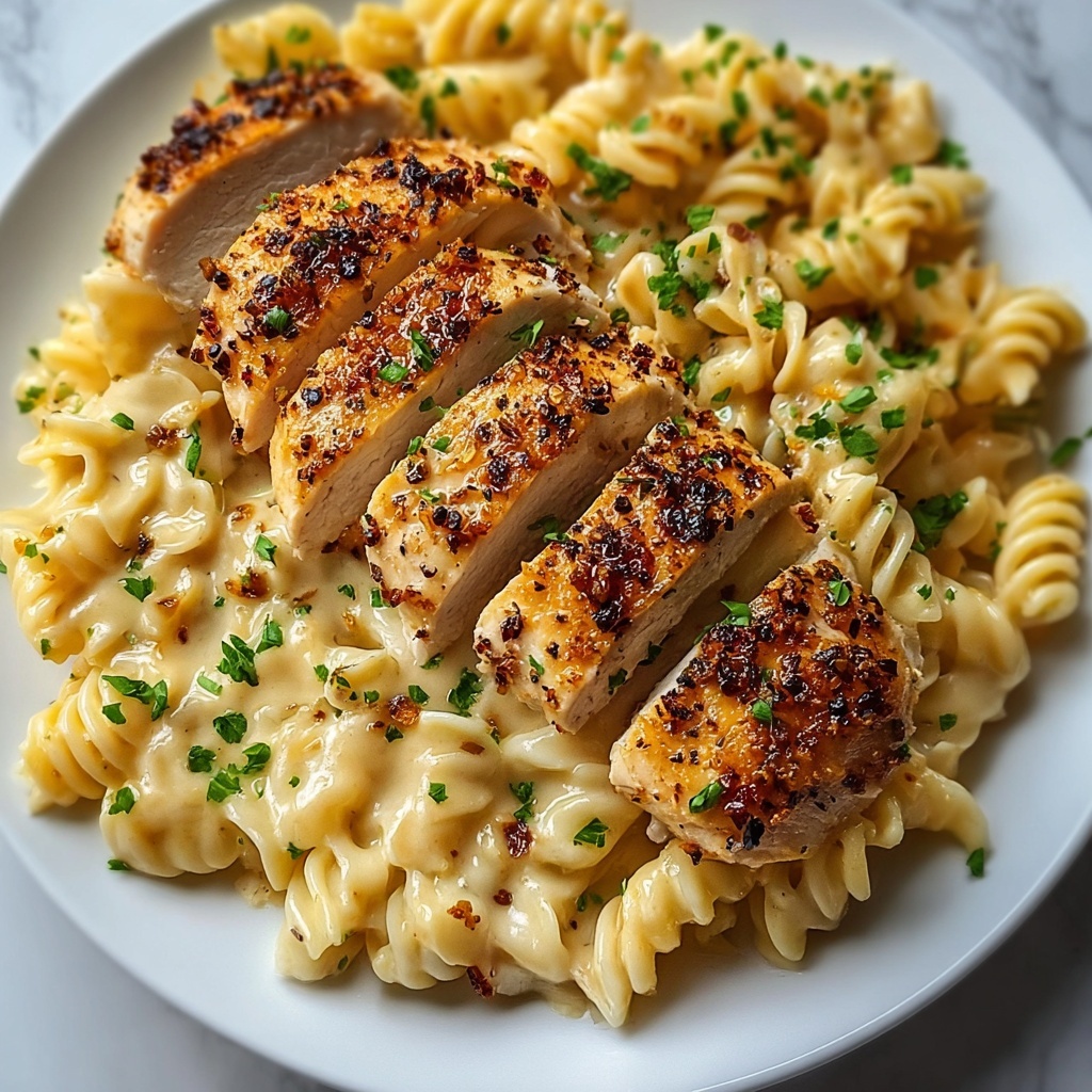 Creamy Garlic Parmesan Chicken with Cheesy Twisted Pasta Recipe - Recipe Image