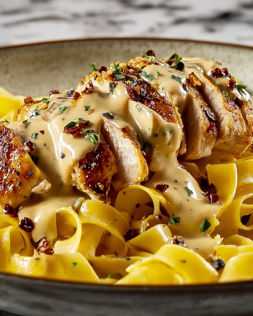 One-Pan Creamy Garlic Butter Chicken with Egg Noodles Recipe - Recipe Image