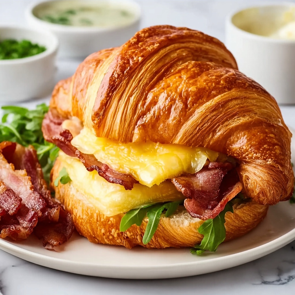 Croissant Breakfast Sandwiches with Ham, Bacon, and Cheesy Scrambled Eggs Recipe - Recipe Image
