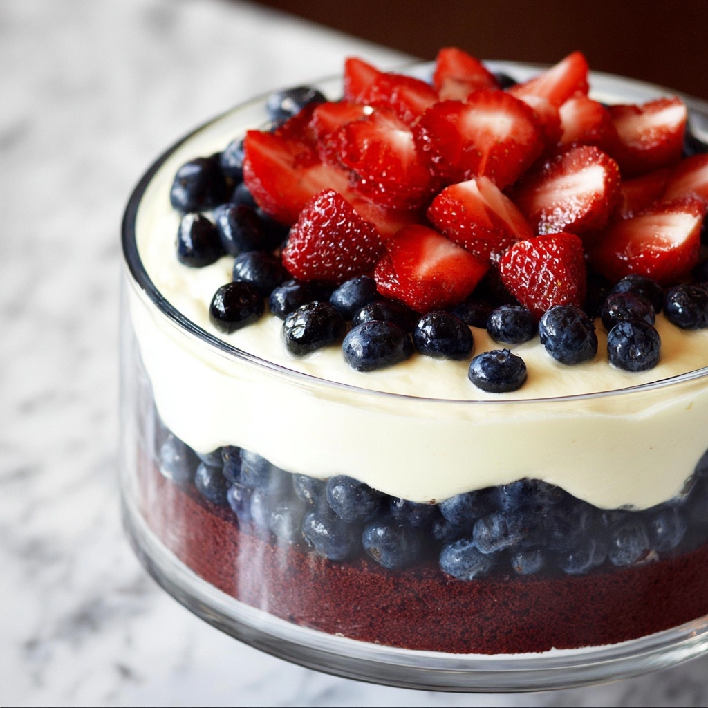 Red Velvet Trifle with Blueberries and Strawberries Recipe - Recipe Image