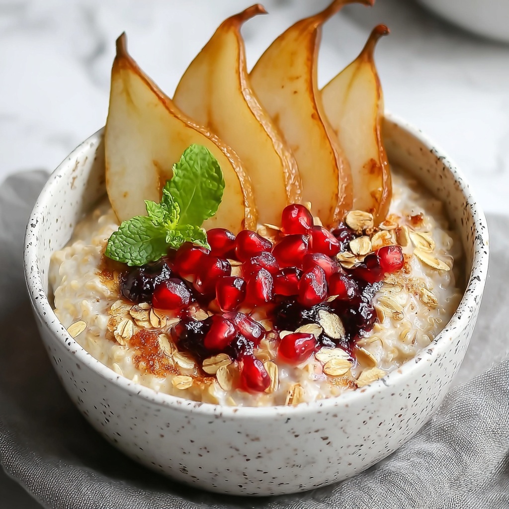 Steel Cut Oats with Maple Roasted Pears and Pomegranate Recipe - Recipe Image
