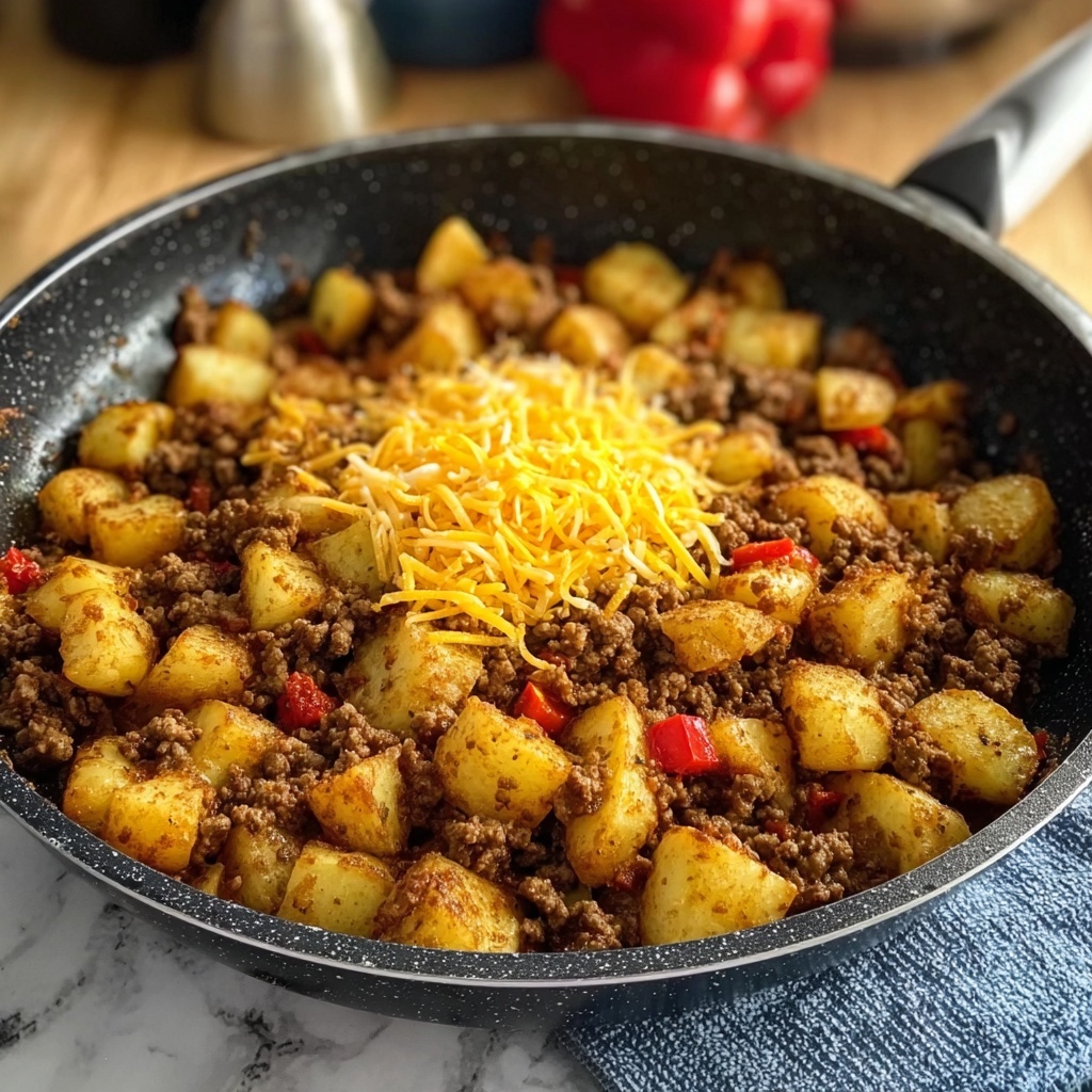 Cheesy One Pan Meat Potatoes Recipe - Recipe Image