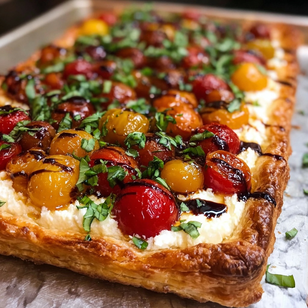Puff Pastry Pizza with Cherry Tomatoes, Basil, and Balsamic Glaze Recipe - Recipe Image