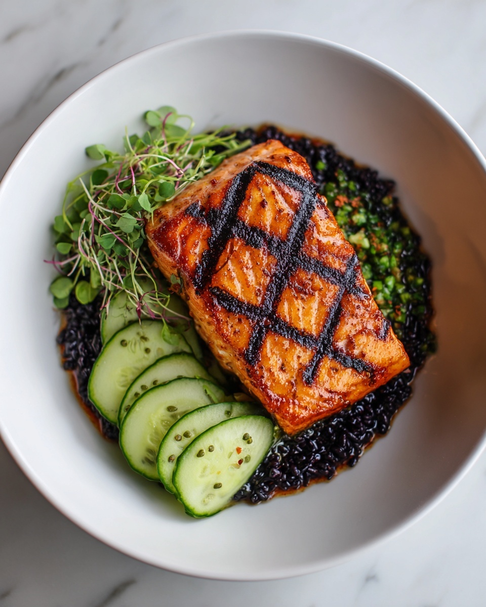 Grilled Salmon with Black Rice and Creamy Cucumber Salad Recipe - Recipe Image