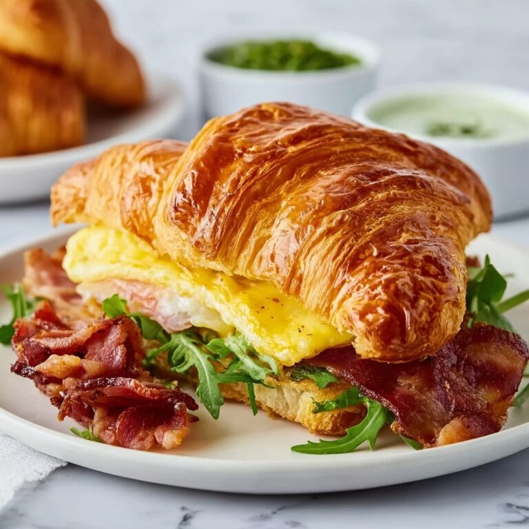 Croissant Breakfast Sandwiches with Ham, Bacon, and Cheesy Scrambled Eggs Recipe