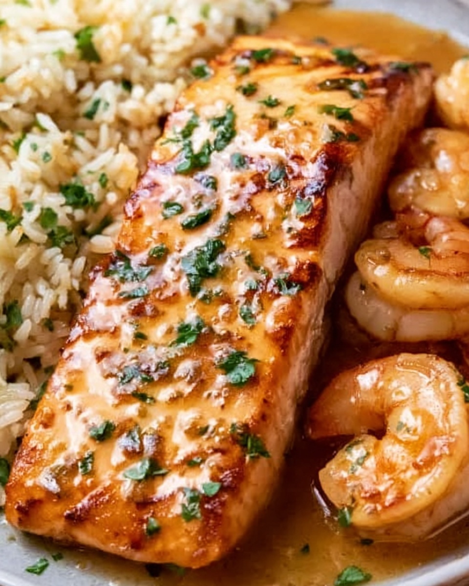 Honey Garlic Salmon & Shrimp over Garlic Butter Rice Recipe - Recipe Image
